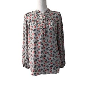 LOFT Floral Ruffle Blouse Gray Pink Long Sleeve Top SP Petites Feminine Workwear